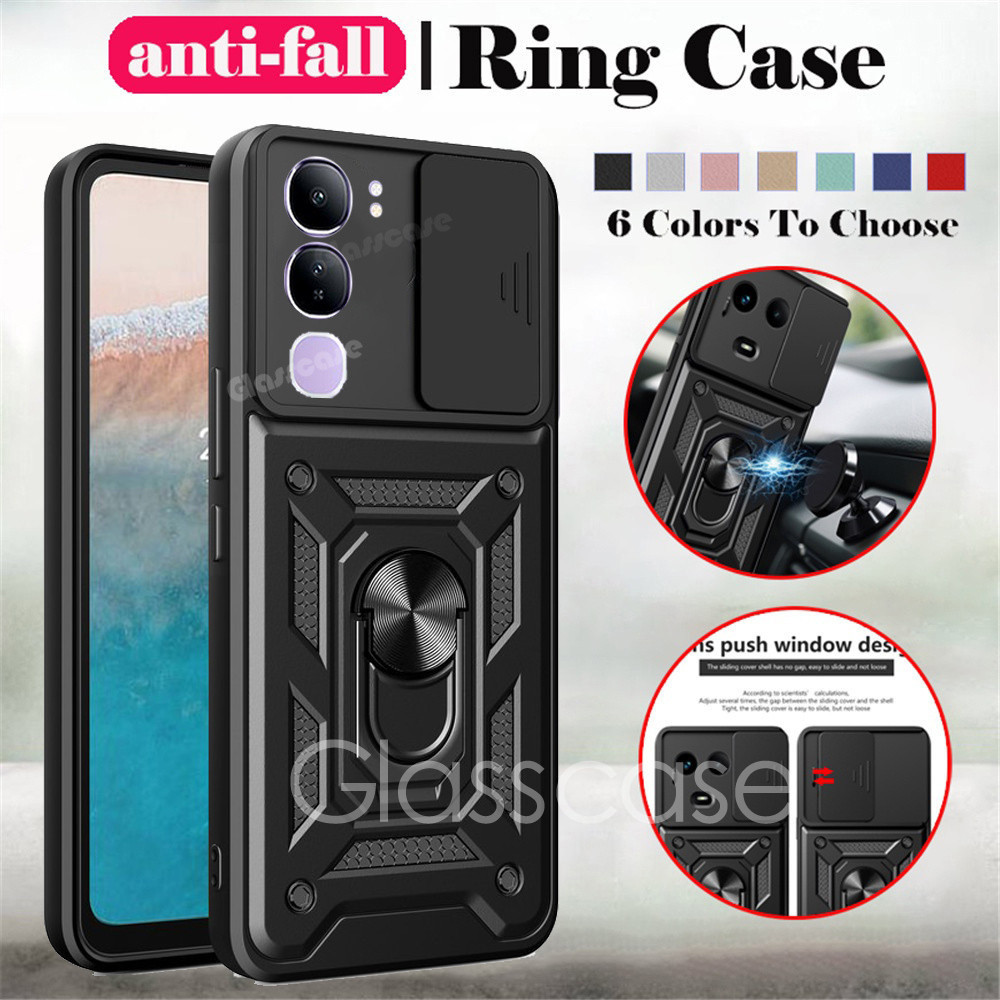 ปลอกสําหรับ Vivo Y200 Y100 Y39 Y29 Y19s Y17s Y 200 Y 19s Y 29 VivoY200 VivoY19s 4G 5G เคสโทรศัพท์เกราะโลหะแหวนวงเล็บ Stent Push กล้องกันกระแทกป้องกันปลอกปกแข็ง