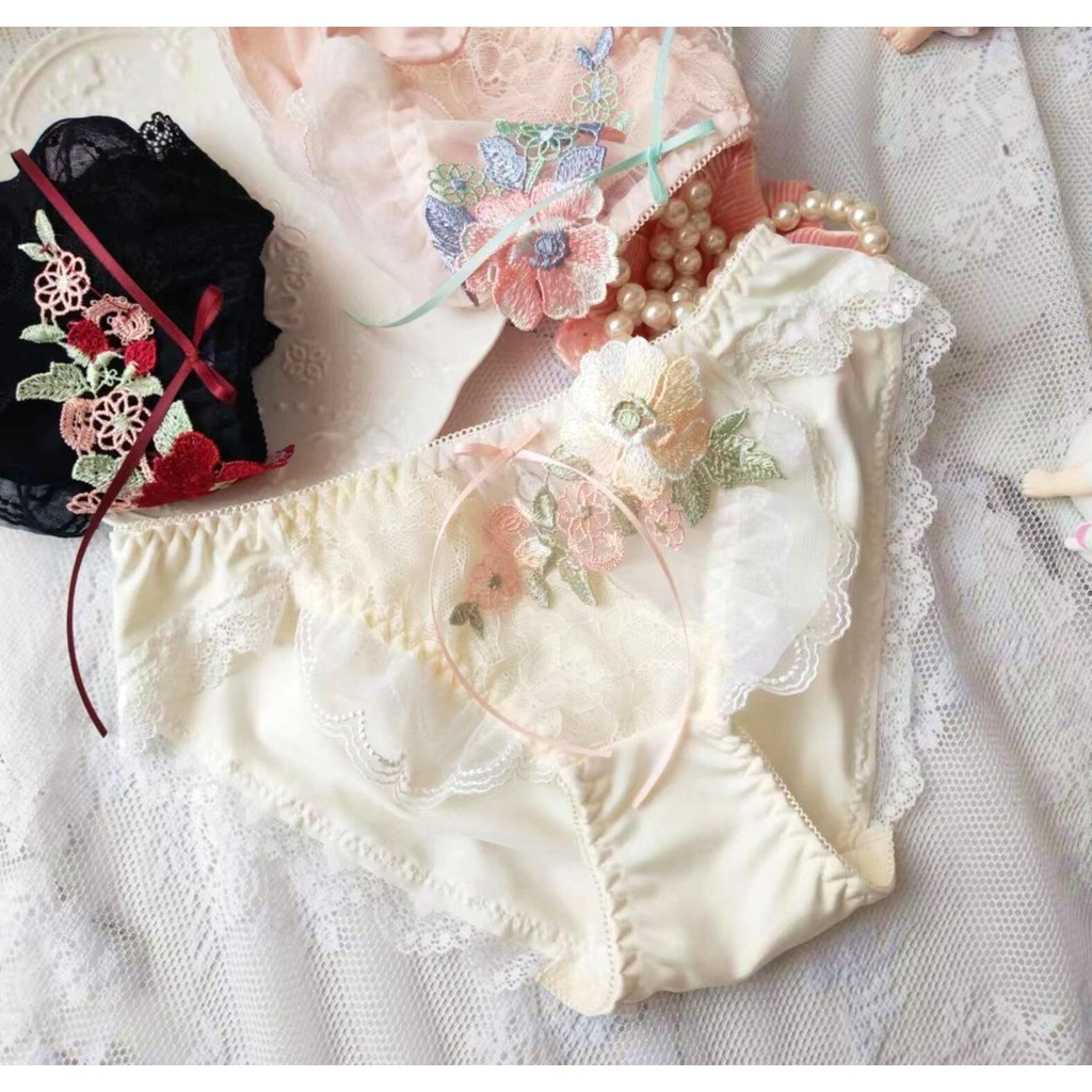Y2023มาใหม่ล่าสุด100% ภาพจริง M L XL น่ารักน่ารักโลลิต้าน่ารักปักลายดอกไม้กางเกงในกางเกงใน XR0001ถักแบบสายรัด