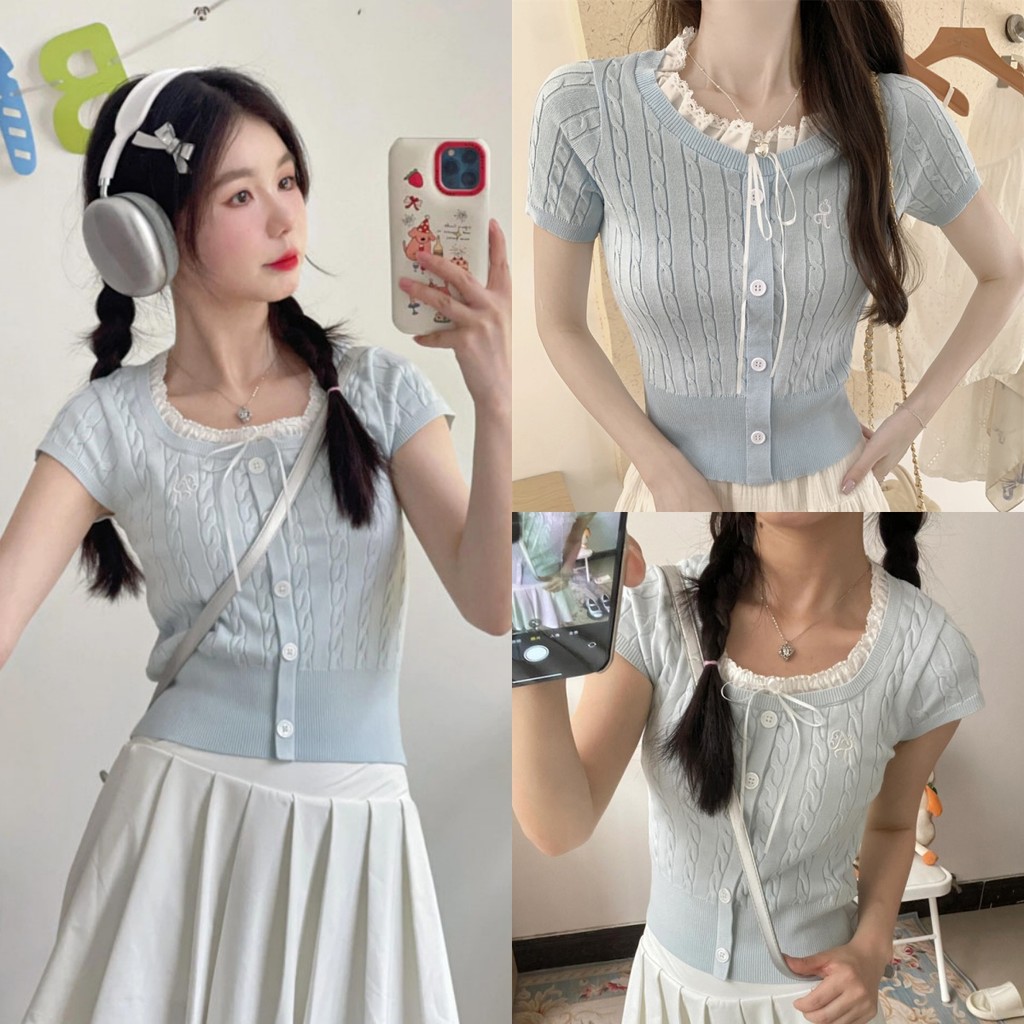 Anne เสื้อยืดแขนสั้น คอกลม ผูกโบว์ ขอบลูกไม้ ผ้านิ่ม เข้ารูป เสื้อครอป สไตล์ลำลอง ทรงสวย น่ารัก #YX08