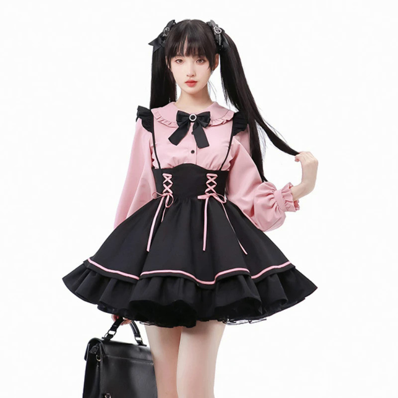 MnGothic Style Lolita JK Skirt Set Women Kawii Peter Pan Collar Bow Blouse Slim Bandage Suspender Sk