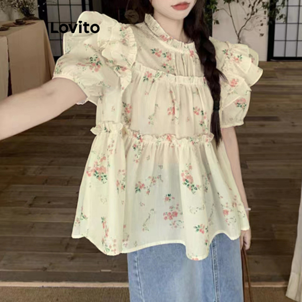 Lovito เสื้อเบลาส์ แต่งระบาย ลายดอกไม้ จีบย่น สำหรับผู้หญิง LNE20173 (หลากสี)