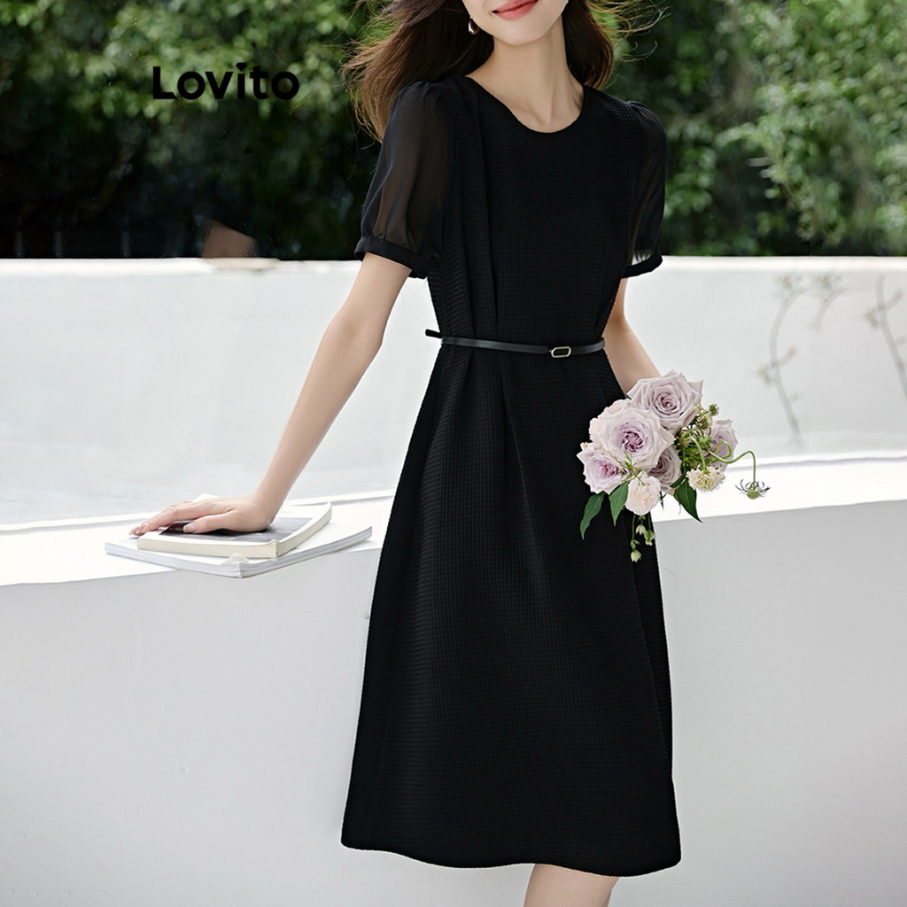 Lovito ชุดเดรสผู้หญิง แต่งจีบ สีพื้น สไตล์หรูหรา LNE71507
