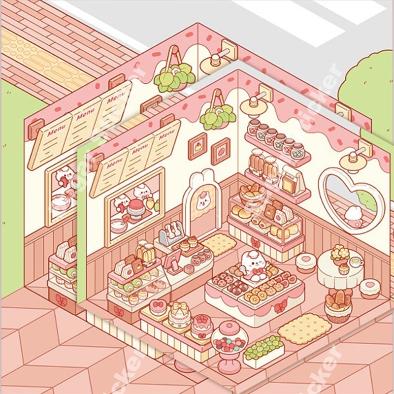 Sugar สติกเกอร์PET ( ชุด2ชิ้น ) ตกแต่งสไตล์ ร้านขนมหวานของกระต่ายน้อย แนวน่ารัก สีชมพูพาสเทล มินิมอล