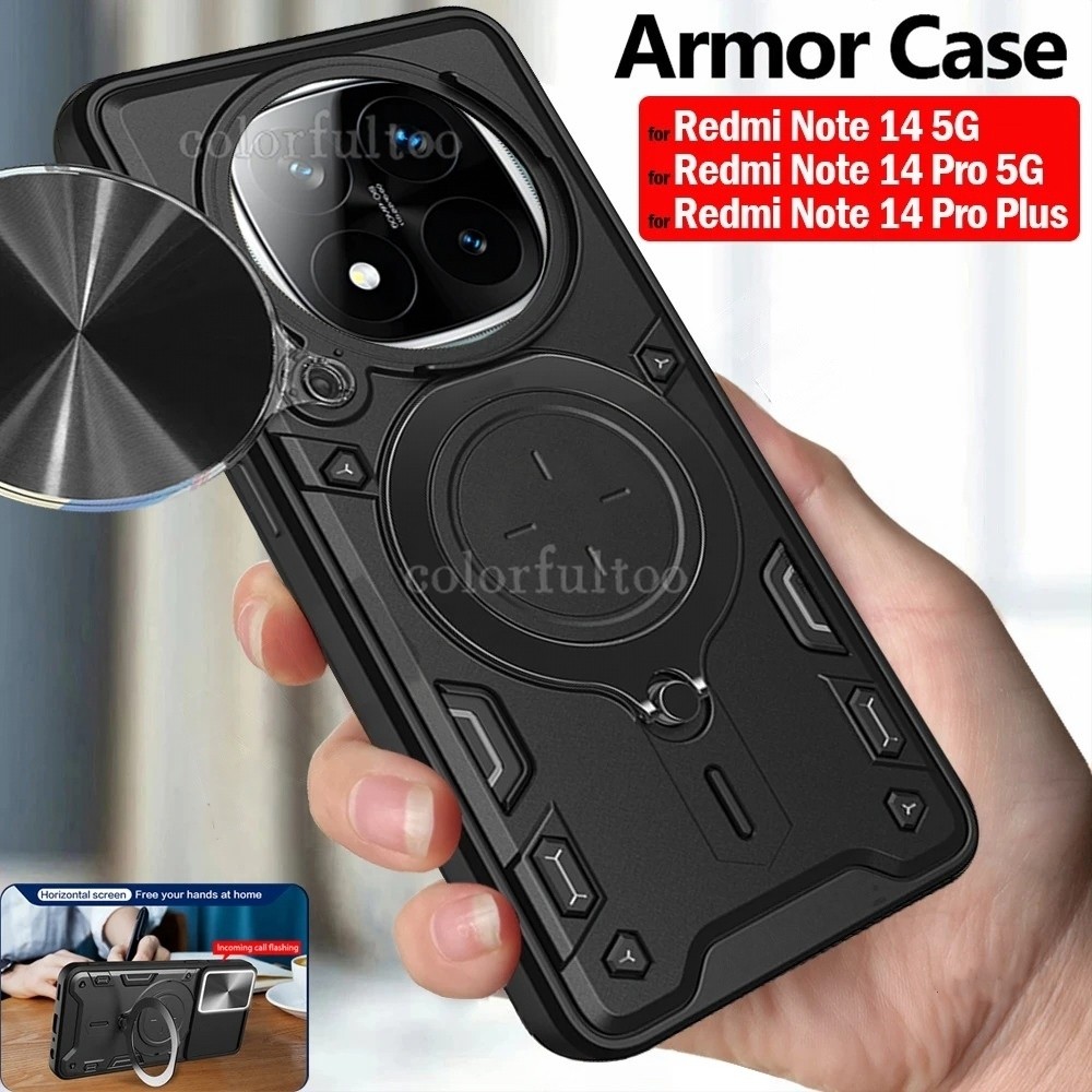 ปลอกสําหรับRedmiหมายเหตุ15 14 13 Pro Plus 13Pro + 14Pro + Note13 Note14Pro Note15 4G 5Gกันกระแทกเคสโทรศัพท์เกราะโลหะแหวนวงเล็บPushดึงเลนส์กล้องป้องกันปกหลังปลอก – โปรปัง
