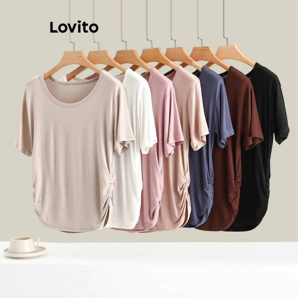 Lovito เสื้อยืดกีฬา สปอร์ตตี้สีพื้นระบายสำหรับผู้หญิง LNL79228