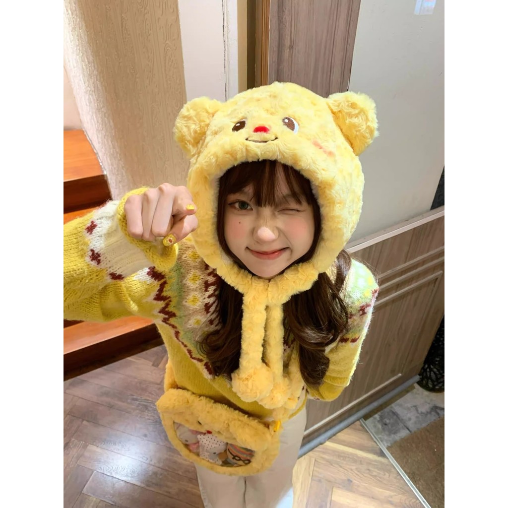 หมวกตุ๊กตาหมีเนยน่ารักสวมหัวป้องกันหูถักชิ้นเดียวฤดูใบไม้ร่วงและฤดูหนาวที่อบอุ่นและอบอุ่น Lei Feng หนา