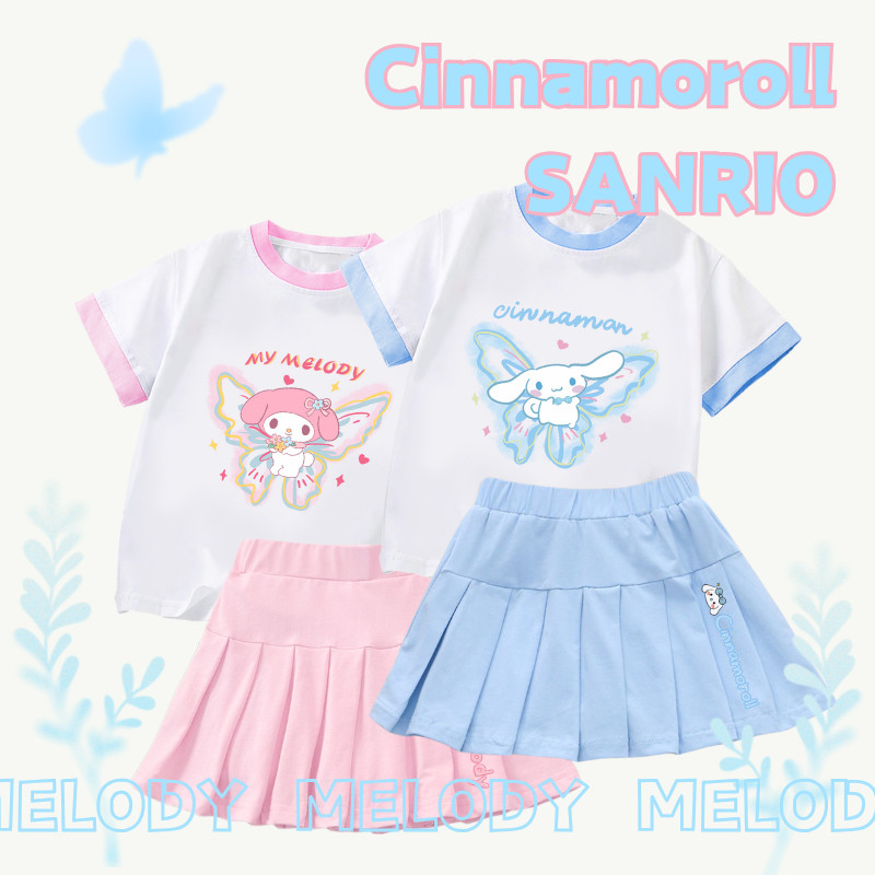 SANRIO ซานริโอ ชุด กระโปรงจีบชุดเจ้าหญิง ทํานอง น่ารักพิมพ์สาวเสื้อยืดผ้าฝ้ายหวานกระโปรงจีบ
