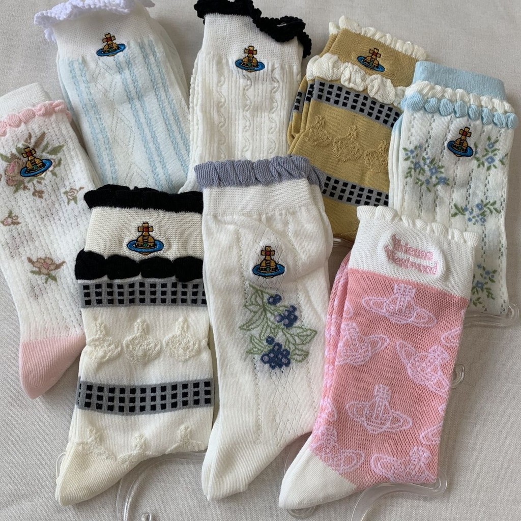 อินเทรนด์ High-End สบายถุงเท้าหญิง Akanes Saturn Lolita หวานน่ารักนูนถุงเท้าหญิงกลางหลอดฤดูร้อนบางผ้าฝ้ายลูกไม้แฟชั่นถุงเท้า