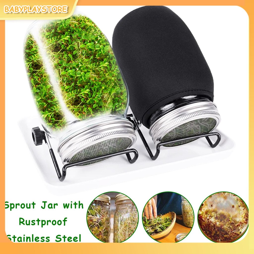 Seed Sprouting Jar Kit 2 ปากกว้าง Mason Jars Bean Sprouts ชุดปลูกหน้าจอสแตนเลสฝาปิดงอกขาตั้งแรเงาผ้าถาด SHOPQJC5285