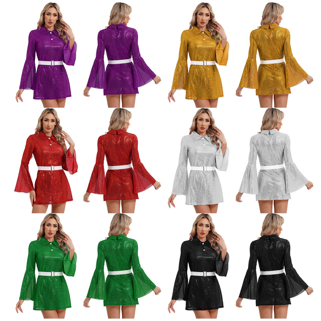 Yeahdor Womens Sequined Shirt Dress with Elastic Belt Turn-down Collar Flare Sleeve See Though Mini Dress Stylish Disco Clubwear