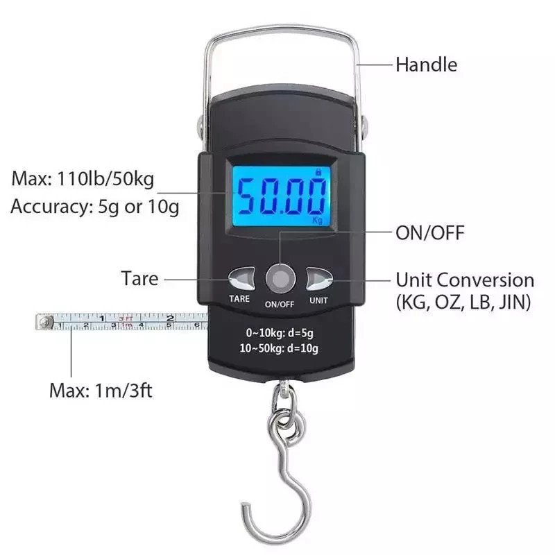 YTL Multifunctional  50 กก./10g อิเล็กทรอนิกส์แขวนตกปลากระเป๋าเดินทาง Balanca แบบพกพา  น้ําหนัก Hook Scale