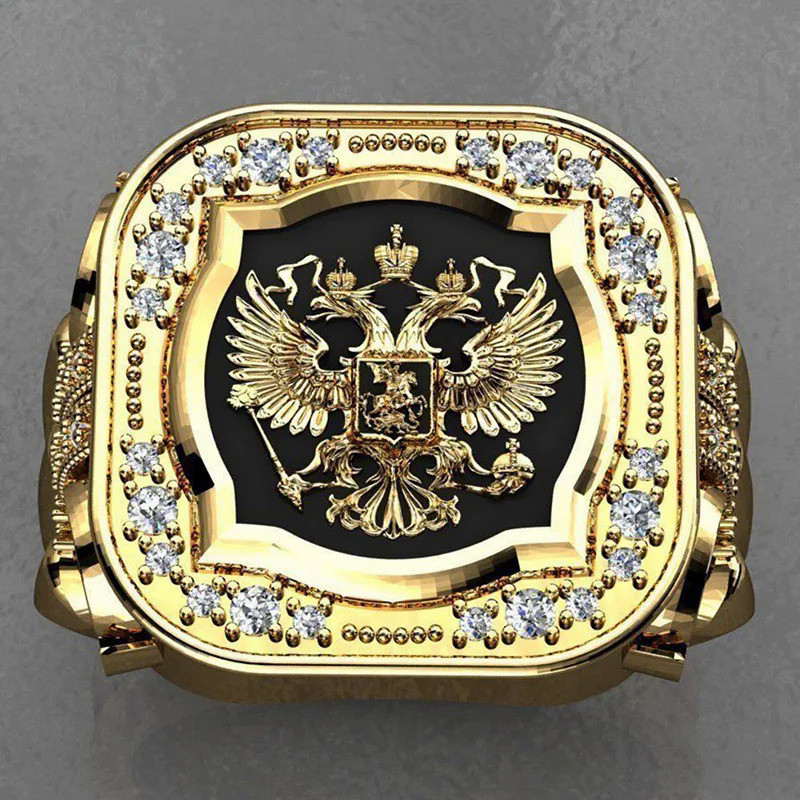 New 2023 Vintage Mens Jewellery Gold Plated Zircon Stamp Rings for Men Stainless Steel Badge Ring Hip Hop Punk Party Jew
