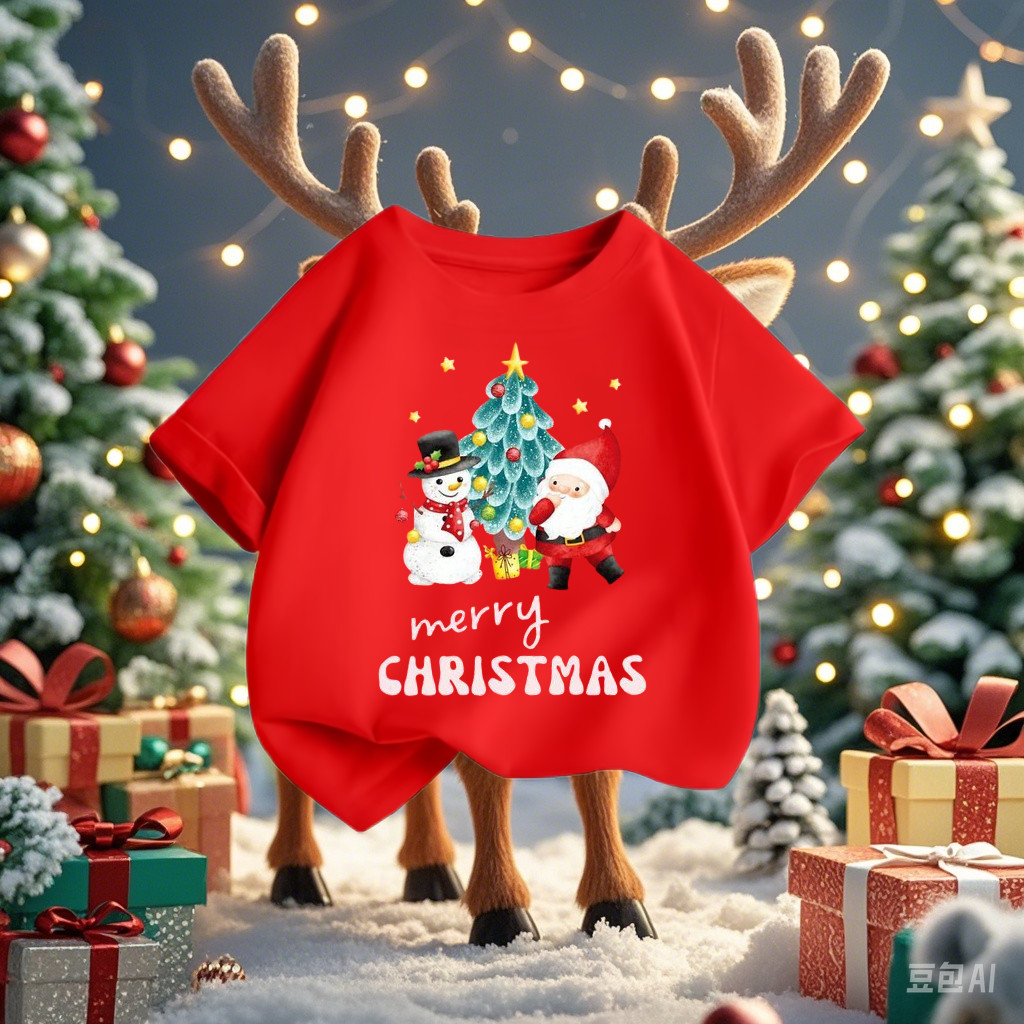 (จัดส่งตลอด 24 ชั่วโมง)KIDS PRINCESS เสื้อยืด Merry Christmas เสื้อยืดคริสต์มาสเด็กแขนสั้น สีแดงน่ารัก S606