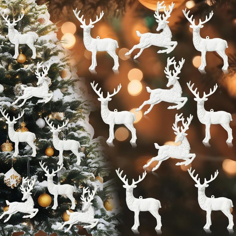 ต้นคริสต์มาสสีขาว Reindeer เครื่องประดับ Glitter แขวนพลาสติก Elk ตุ๊กตาเครื่องประดับสําหรับวันหยุดตกแต่ง Xmas ของขวัญตกแต่งบ้าน