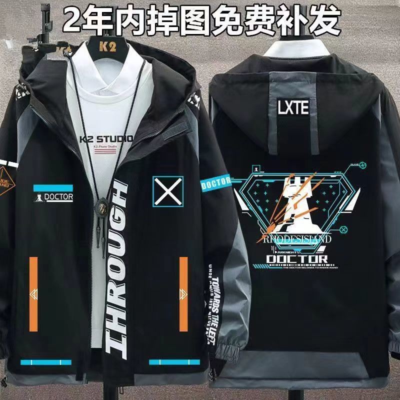 แจ็คเก็ต Arknights สินค้าฤดูใบไม้ร่วงฤดูหนาว เสื้อโค้ทมีฮู้ดอนิเมะสำหรับเยาวชน แขนยาว Rhode Island