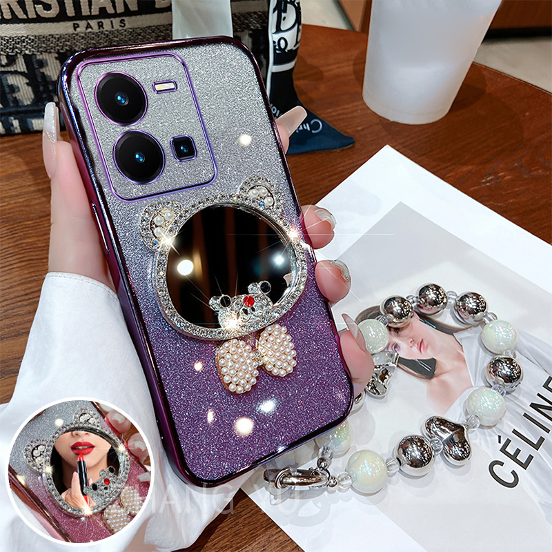 กันกระแทก case สําหรับ Vivo Y35 4G เคสโทรศัพท์หมีกระจกแต่งหน้าสร้อยข้อมือใหม่เคสโทรศัพท์ - รูปที่ 3