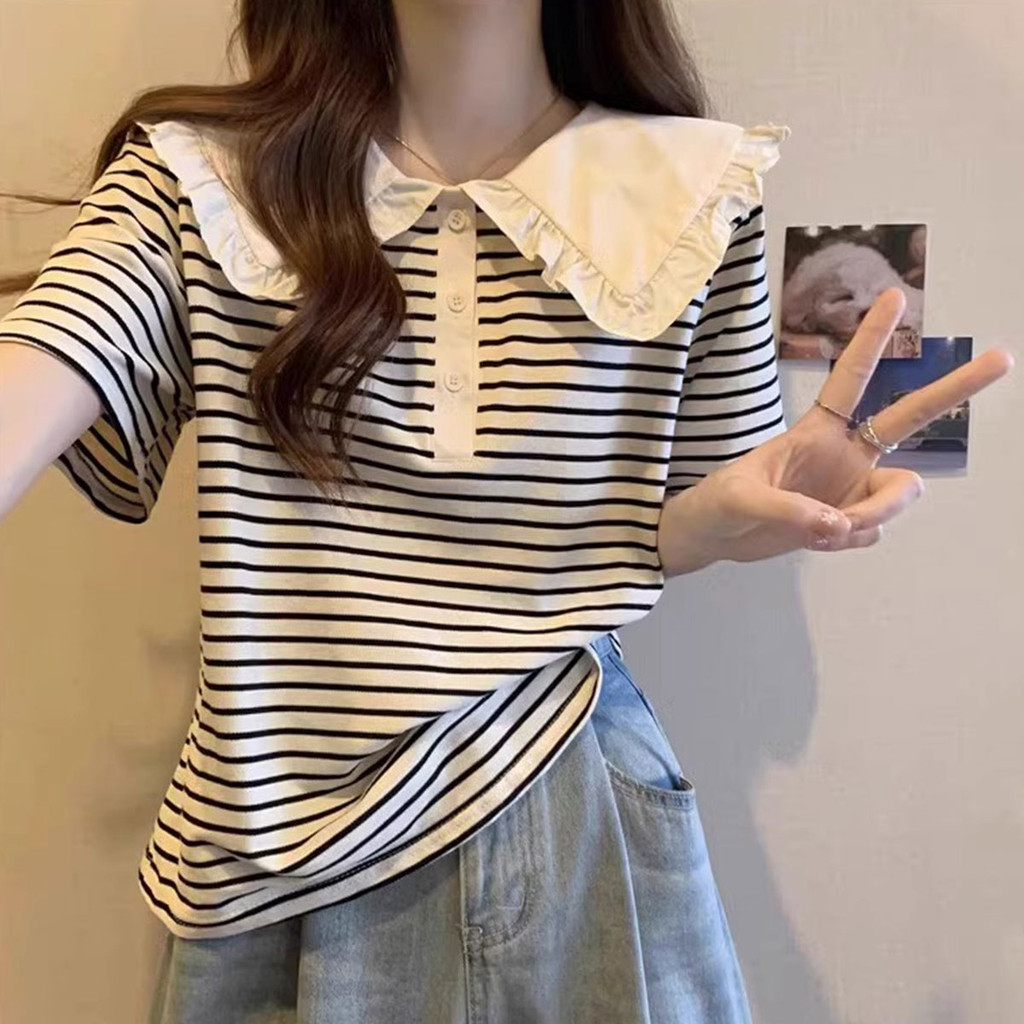 เสื้อยืดแขนสั้นคอปีกลายทาง แนวสตรีทใส่สบาย - รูปที่ 4