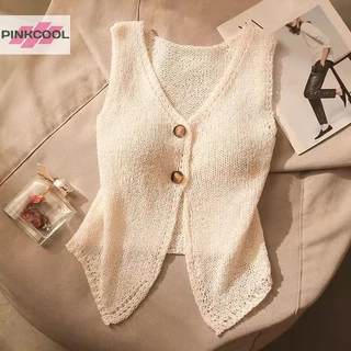 Pinkcool ฤดูร้อนผู้หญิงแฟชั่นสีทึบปุ่มเก๋คอวีแขนกุดถัก Camisole HOT