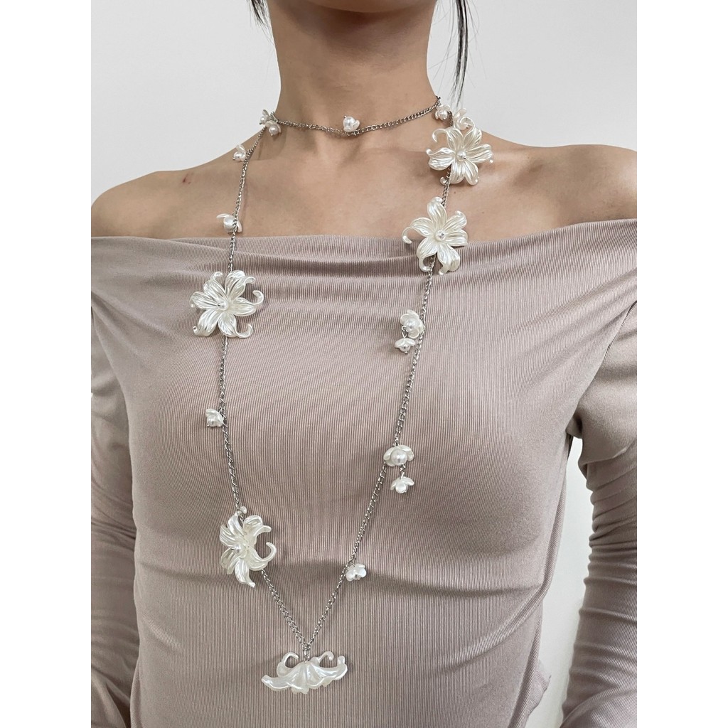 สร้อยคอ FXDAZI! สร้อยคอที่มีเอกลักษณ์ [3767 คนสะสม] สร้อยคอยาวดอกไม้ฝรั่งเศส สร้อยคอเลียนแบบไข่มุก โซ่เสื้อกันหนาว สไตล์การสวมใส่หลากหลาย โซ่เอวระดับสูง โซ่ร่างกาย