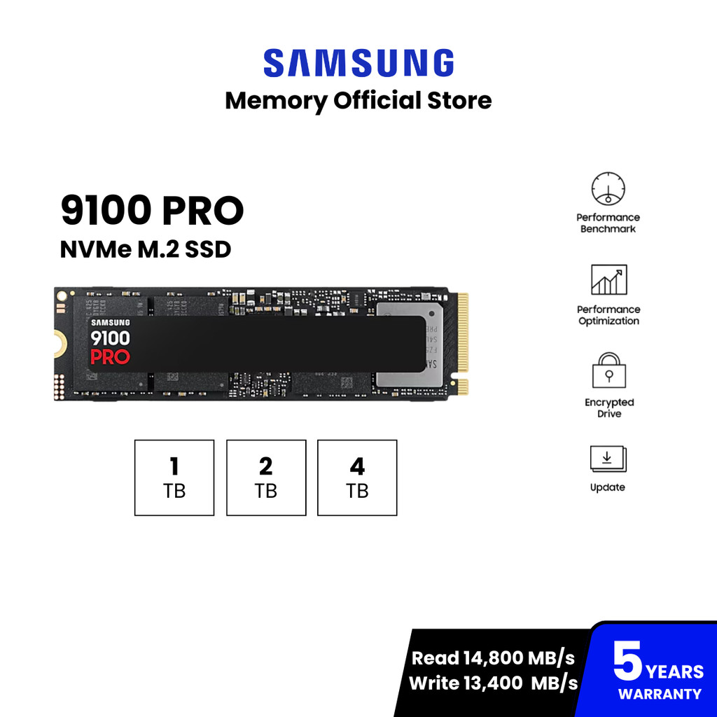 SAMSUNG 9100 PRO SSD M.2 14,800 / 13,400 MB/s ความจุ 1TB/ 2TB/ 4TB : 5Y