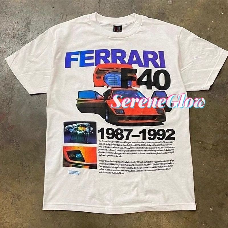 2025 เสื้อยืด SereneGlow Stylish Ferrari F40, สัญลักษณ์ 80s-90s ยานยนต์ศิลปะ