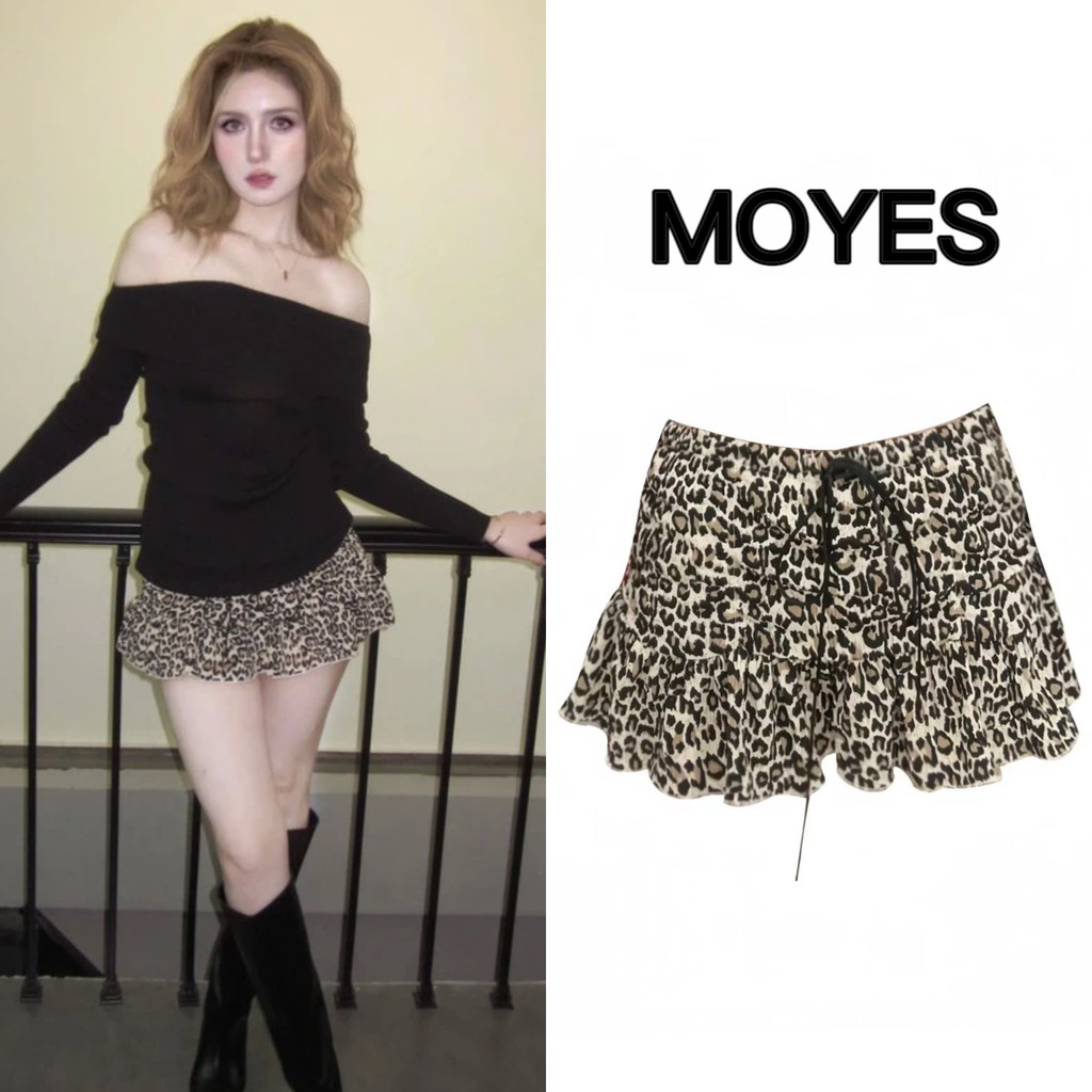 MOYES 🔥มีสินค้า💗โปรงมินิ พิมพ์ลายเสือดาวย้อนยุค แบบเอวต่  อเมริกันย้อนยุคเสือดาวพิมพ์กระโปรงสาวร้อนกระโปรงเค้ก