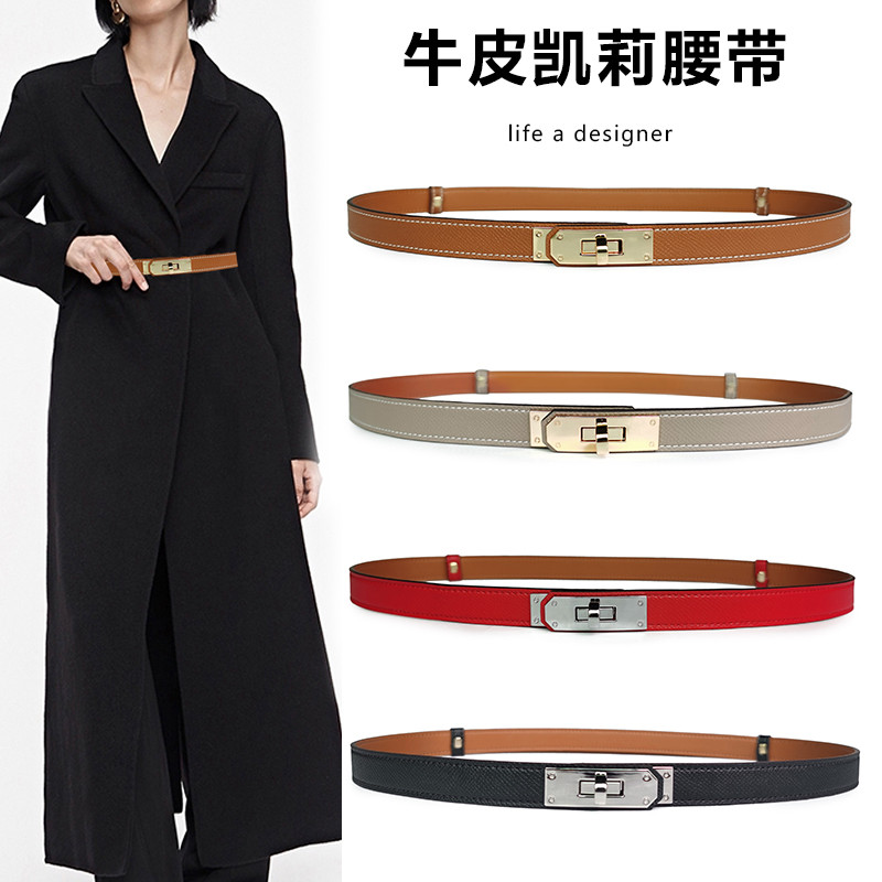 สายเข็มขัด Hermes Kelly สำหรับผู้หญิง หนังแท้ ตกแต่งเอวชุดเดรสอเนกประสงค์ สายเข็มขัดบางสำหรับกางเกงส