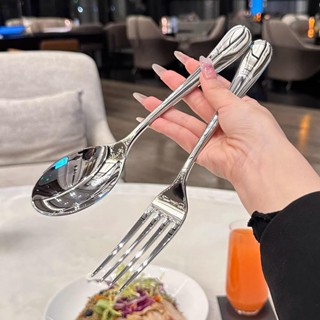 【วัสดุดีมาก】ชุดช้อนส้อม ช้อนด้ามยาวสเตนเลส ช้อนตักซุป อย่างห…