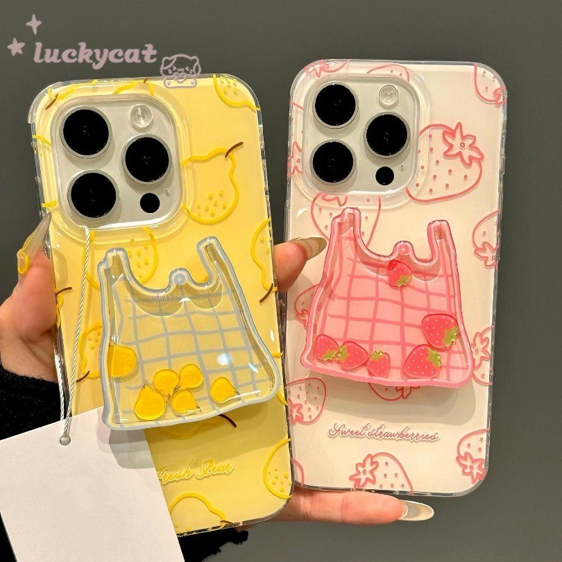 Iphone 16 15 14 13 12 11 Pro Max 16E X Xr Xs Max 7 8 Plus SE2020 เคสโทรศัพท์สดน่ารักกระเป๋าผลไม้ + Stand Clear Soft Back Cover