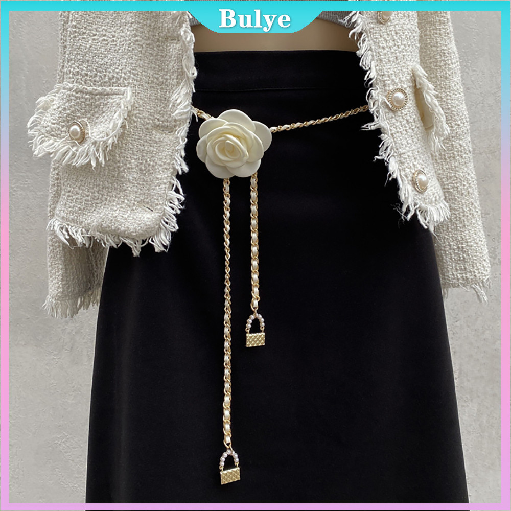 (เรือจากประเทศไทย) ผู้หญิง Camellia ดอกไม้เอวโซ่เข็มขัด Body Waistband อุปกรณ์เสริมปรับได้