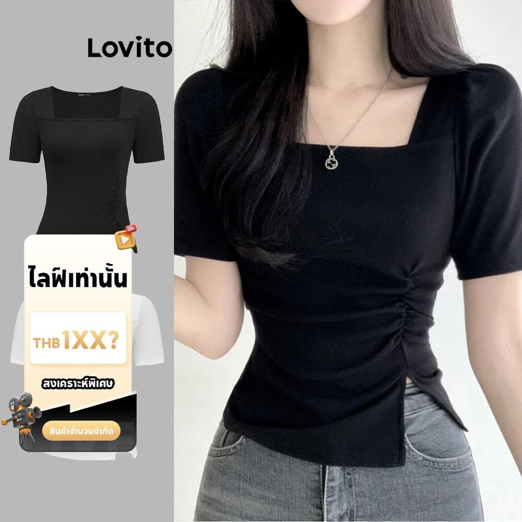 (LIVE STREAM SALE) Lovito เสื้อยืดผู้หญิง แต่งผ่า สีพื้น สไตล์หรูหรา L91ED094(หลากสี)