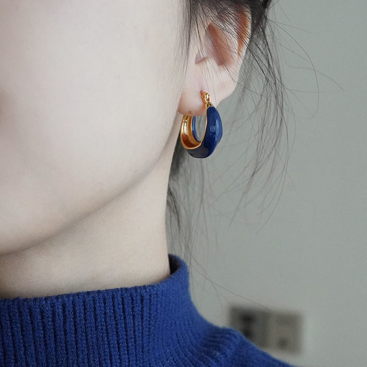 [GG] ต่างหูเคลือบหยดน้ําสีน้ําเงินต่างหูสไตล์ไตรรงค์อุปกรณ์เสริมสุภาพสตรีเลียนแบบภูมิแพ้ - รูปที่ 3