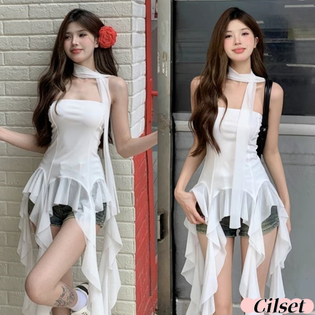 Cilset🛒พร้อมส่ง🎀เสื้อเกาะอกปลายปล่อย เสื้อแฟชั่นเข้ารูป ใส่สบาย เว้าหลัง สีพื้นเรียบหรูดูแพง /FY2826