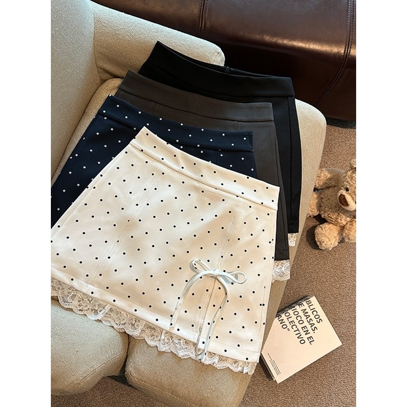 [ร้านค้าขายร้อน] 2025 ฤดูร้อนสไตล์ใหม่ Bowknot Polka Dot Laced-Up A-Line กระโปรงหญิงขนาดเล็กลดอายุลูกไม้ Trim Hip-Covered กระโปรง 4150