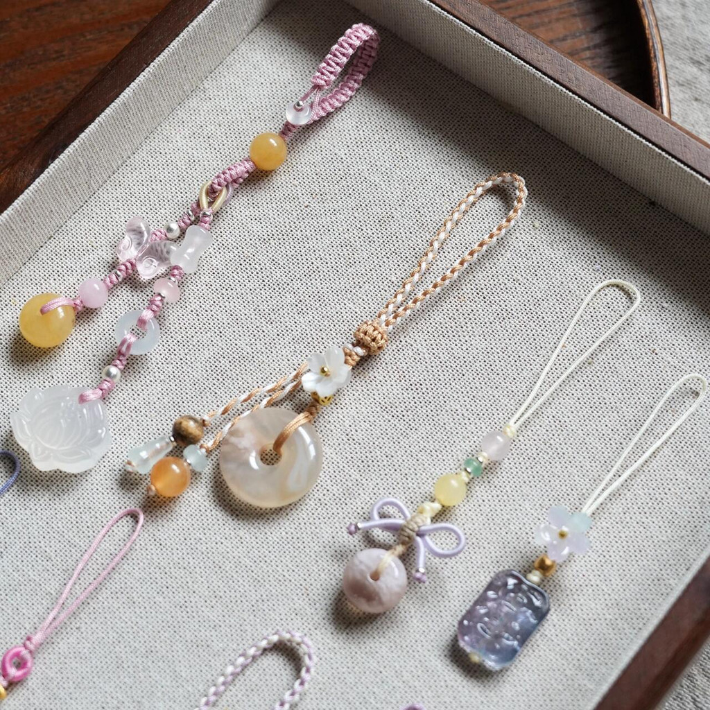 Handmade Original ธรรมชาติ Chalcedony โทรศัพท์มือถือพวงกุญแจปลอดภัยเงิน-โชคดี