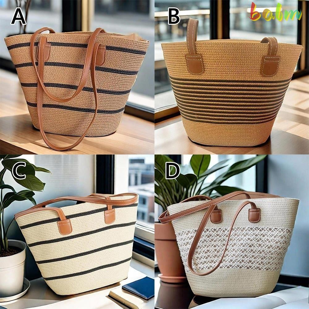 BALM Tote Bag, กระเป๋าสะพายทอความจุขนาดใหญ่ทรงสี่เหลี่ยม, กระเป๋าชายหาดลายทางถักฟางลําลองวันหยุด
