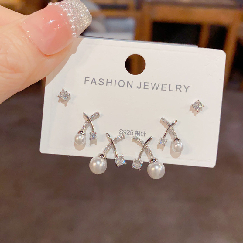 เวอร์ชั่นเกาหลี ส925 เงินเข็มอารมณ์การออกแบบที่เรียบง่ายข้ามต่างหูมุกสามชิ้น - รูปที่ 3