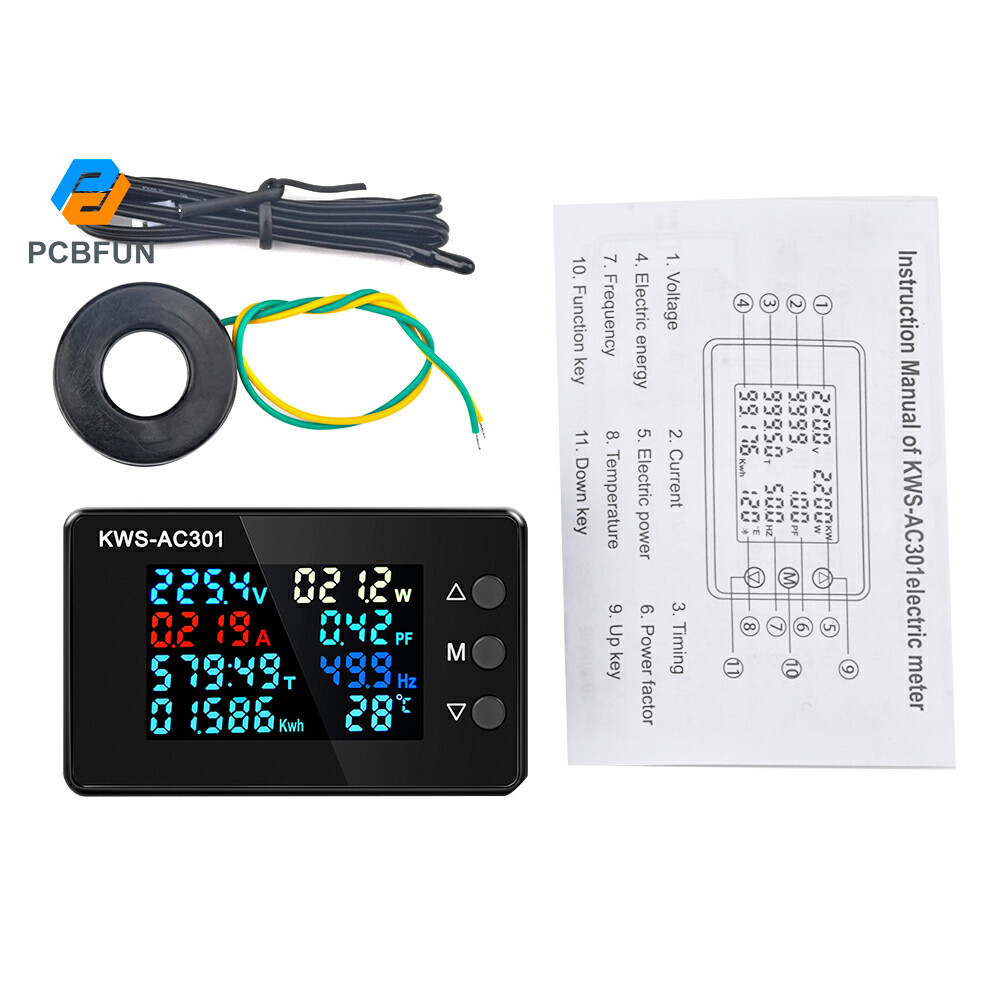 Pcbfun AC 50-300V 0-100A KWS-AC301 หน้าจอสีจอแสดงผล LCD แรงดันไฟฟ้ากระแสดิจิตอลและปัจจุบัน Monitor M