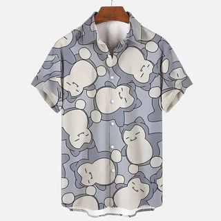 2024 เสื้ออินเทรนด์อะนิเมะ Pokemon Psyduck Gengar Snorlax 3D ดอกไม้เสื้อ Unisex แขนสั้นปุ่มคู่อินเทรนด์ Beach Coat เสื้อ Tops