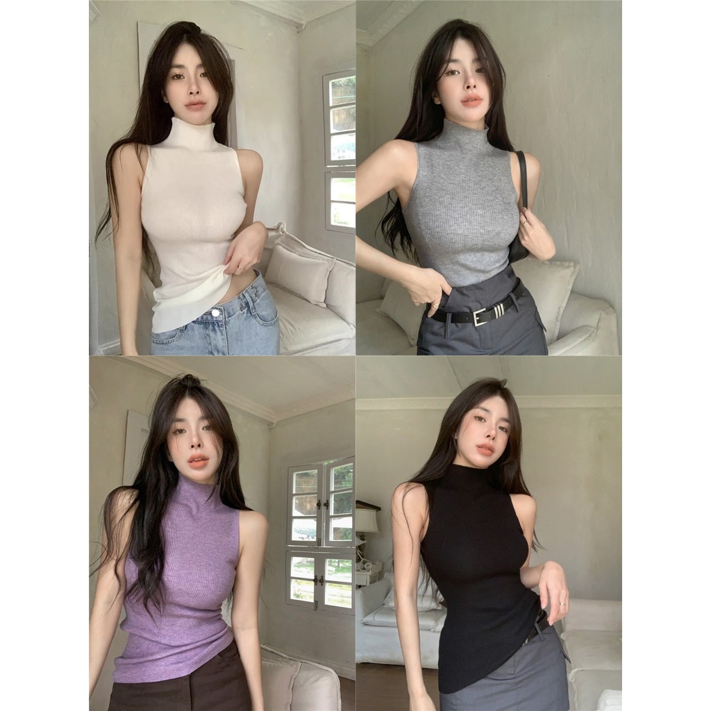 🌟Soroh🌟เสื้อกล้าม คอเต่า สีพื้น ดีเทลผ้าร่องเล็ก เข้ารูป💫เสื้อแขนกุด สไตล์ลำลอง ใส่สบาย✨#M058