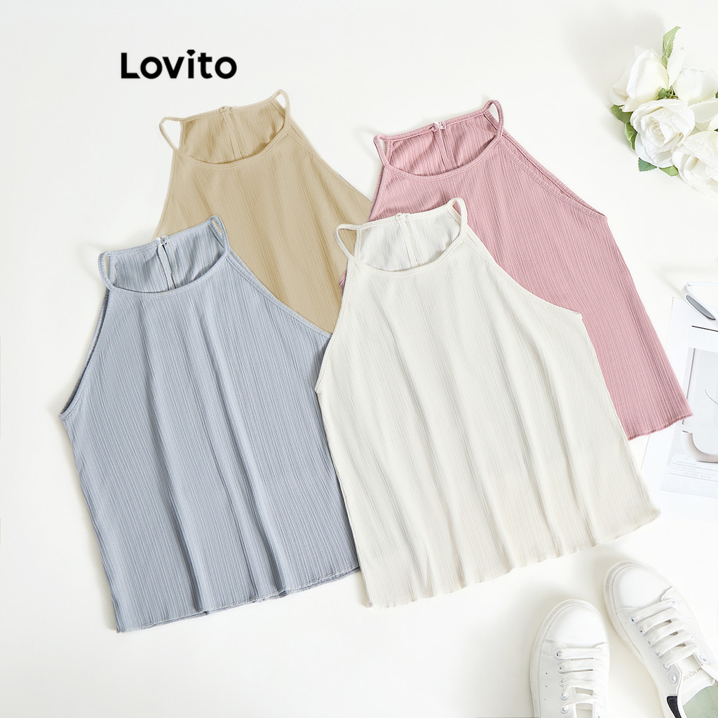 Lovito เสื้อกล้ามผู้หญิง เนื้อสัมผัสเรียบลื่น สีพื้น สไตล์ลำลอง L83ED279
