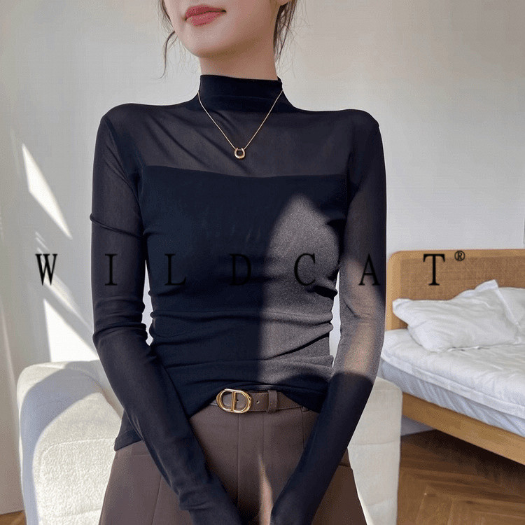 Retro Half High Neck Lace Gauze Bottoming ฤดูใบไม้ร่วงสไตล์ใหม่แฟชั่น Classy Chic Slim-fit เสื้อแขนยาว