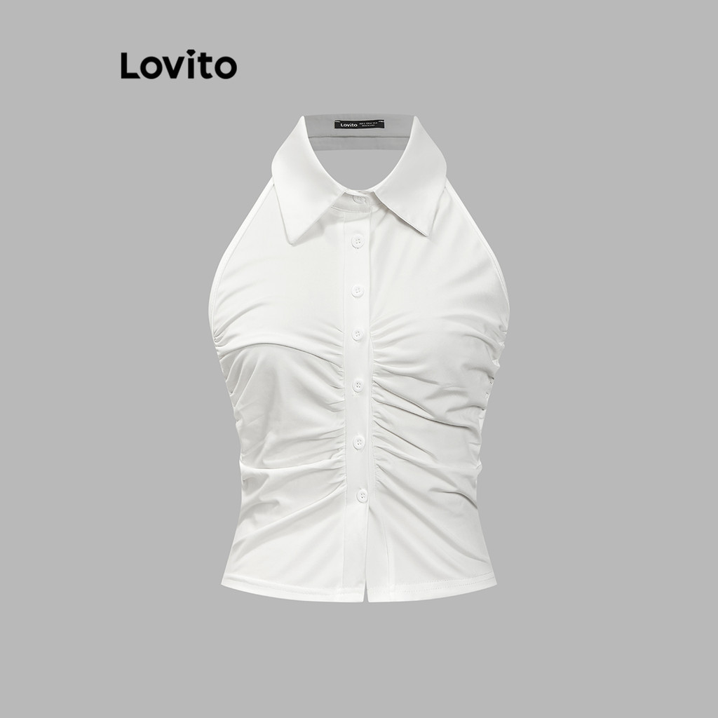 Lovito เสื้อแขนกุดผู้หญิง แต่งจีบย่น สีพื้น สไตล์ลำลอง L97AD065