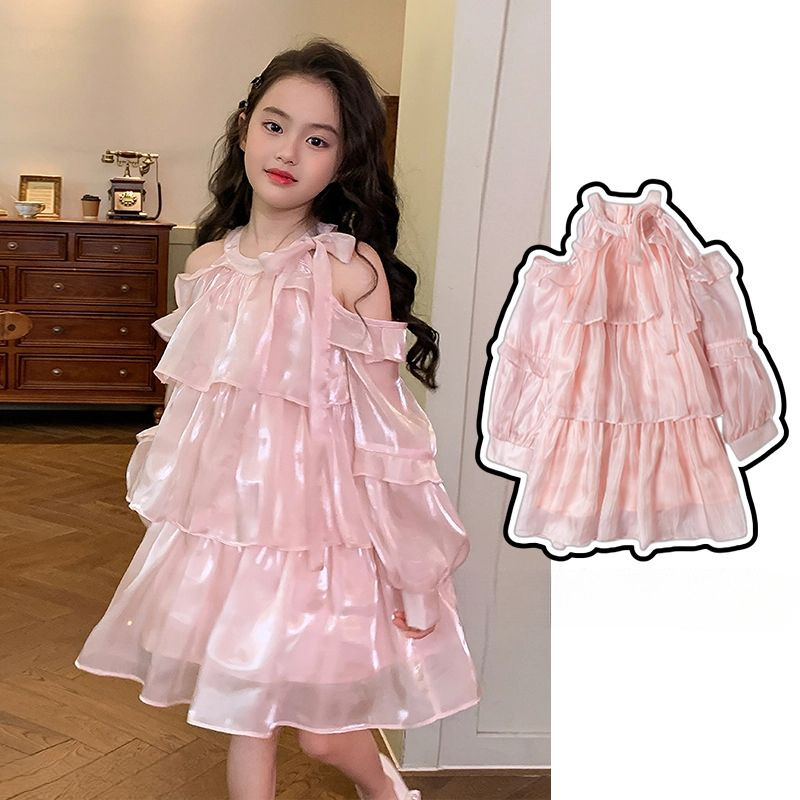 2024ใหม่ฤดูใบไม้ร่วงสาวแต่งตัว, สีชมพู organza ชุดเจ้าหญิง, ชุดวันเกิดเด็ก, แขวนคอชุด, สาวเสื้อผ้า