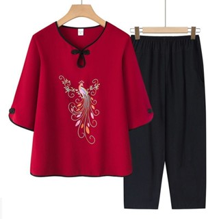 ชุดเซ็ต2ชิ้น🎀สไตล์จีน เสื้อผู้หญิง แขนสั้น,ผ้าสตรีวัยกลางคนแ…