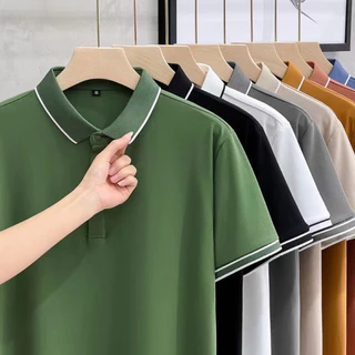 เสื้อโปโลชาย เสื้อโปโลแขนสั้น คอปก ผ้าฝ้าย ทรงหลวม ลายทาง สําหรับผู้ชาย มี 14 สี