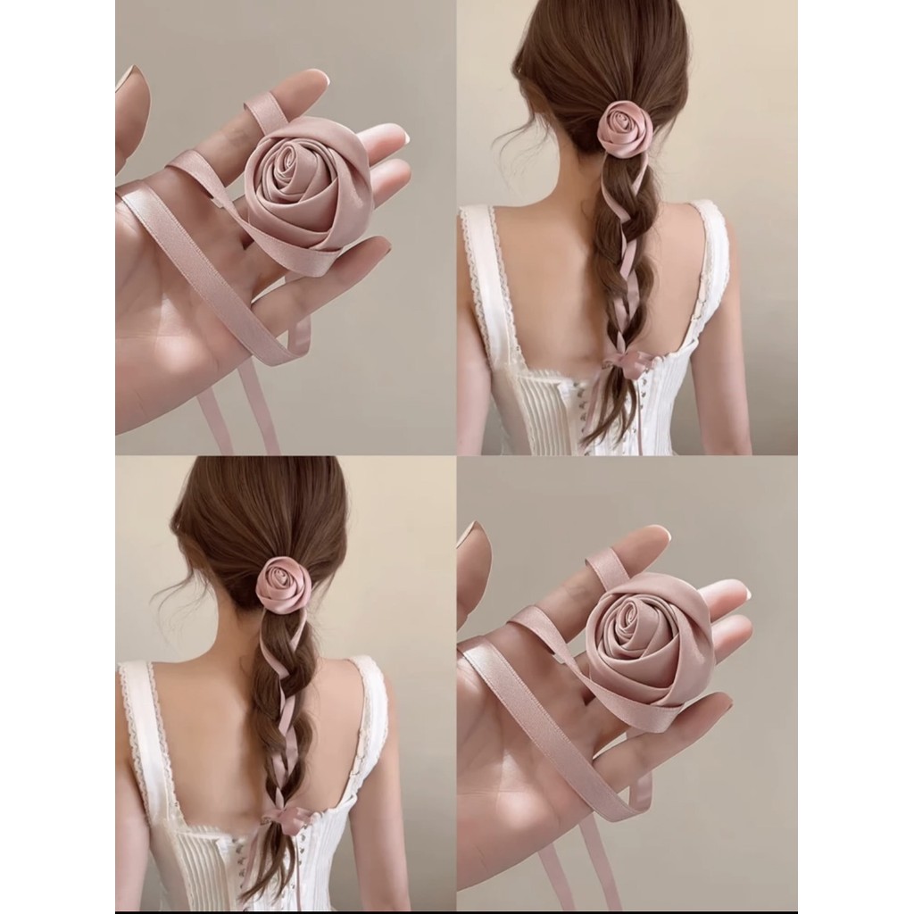 rose pink ribbon long necklace  โชคเกอร์ ดอกคามิเลีย สร้อยคอเเบบผูก H173