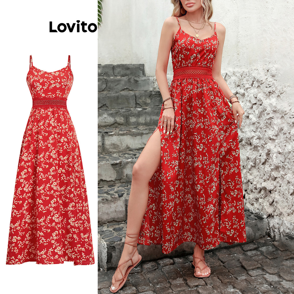 Lovito ผ้าลายดอกไม้ โบโฮ ดิทซี่ เย็บแยกชุดเดรสด้านหน้าสำหรับผู้หญิง L100MD138