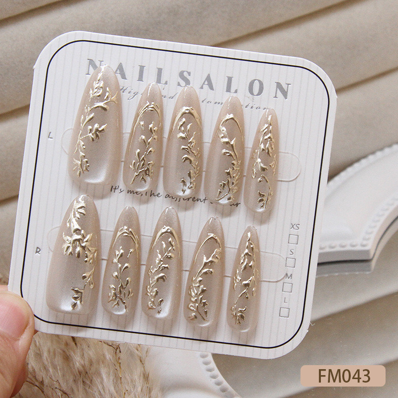 10ชิ้นแมวตาที่ทําด้วยมือกดบนเล็บเงาเล็บปลอมที่มีวุ้นสติกเกอร์ FM043