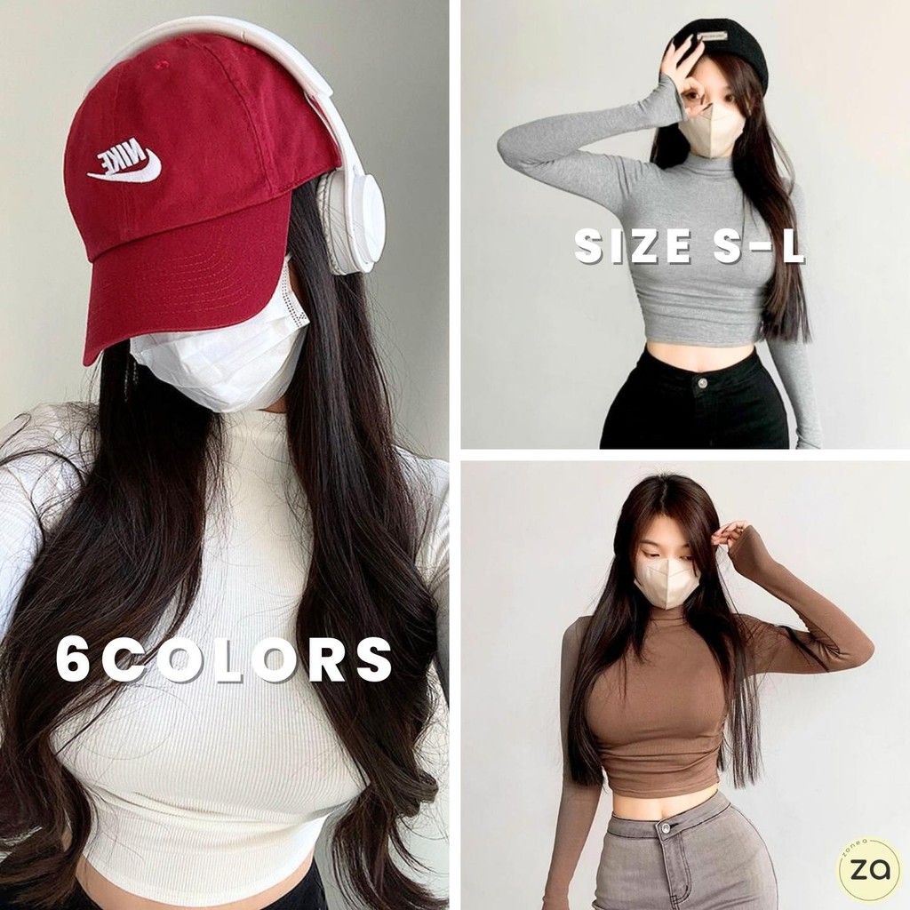 HOT SALE เสื้อแฟชั่นคอสูง เอวย่นข้าง แขนยาว ผ้านิ่มยืดๆ 6 สี ใส่เข้ารูป